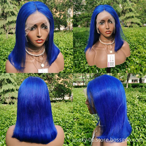 Wholesale human hair short wigs with free shiping preplucked frontal blue bob wigs closure front lace wig human hair